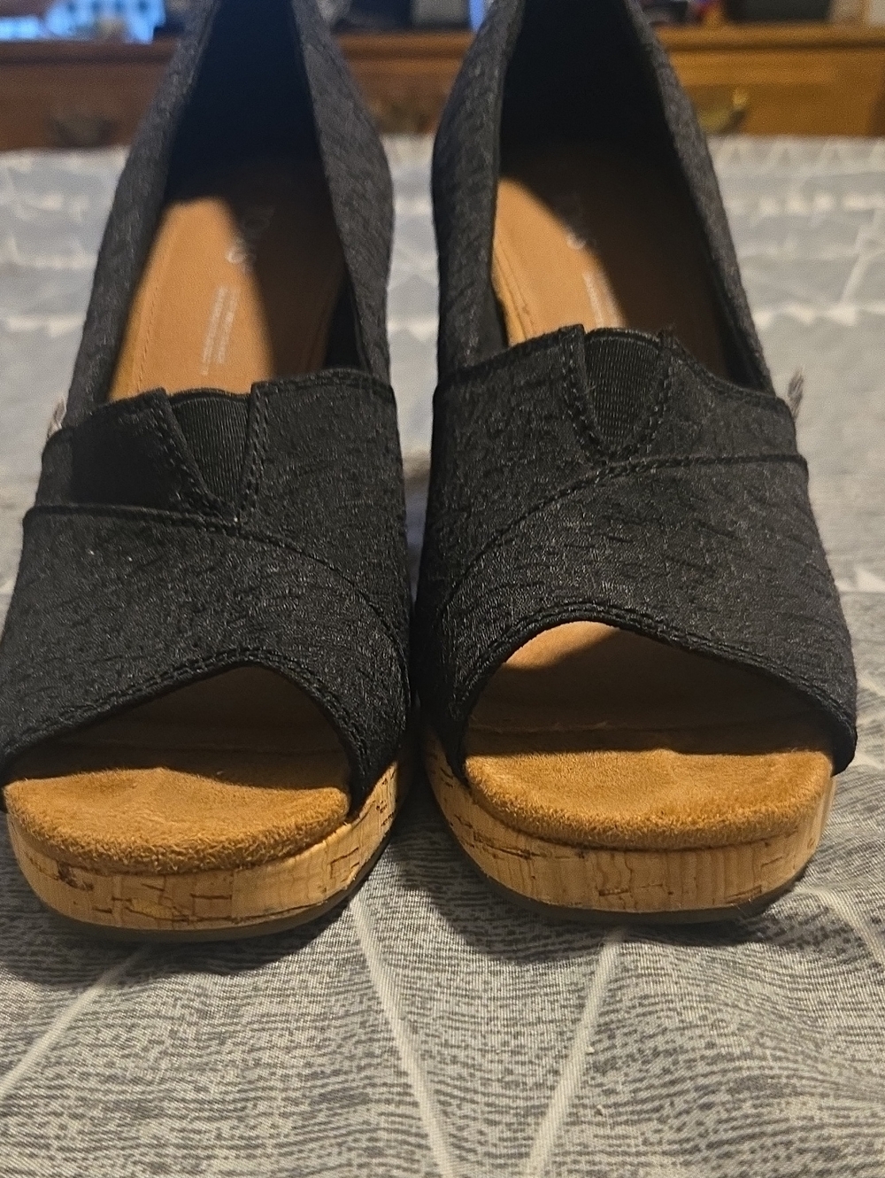 Toms Black Open-Toe Cork Wedge Sandals